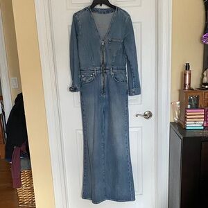 Etica Jumpsuit 

Denim Zip-Front Long Jeans Dress - Blue
Size small